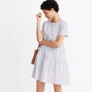 Madewell Striped Crewneck Button Tiered Mini Dress